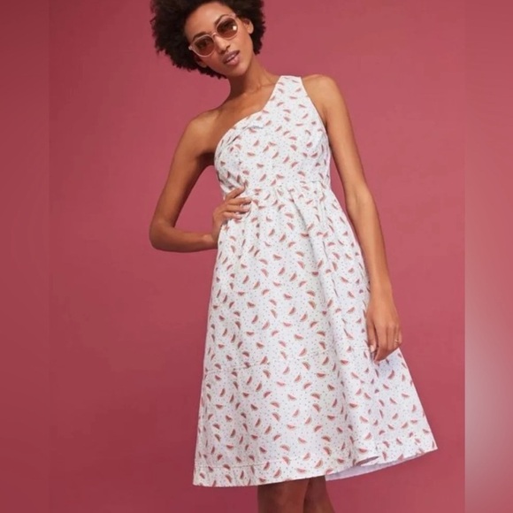 ANTHROPOLOGIE HD Paris Parkbound One Shoulder‎ Dress Watermelon $158 - Picture 1 of 15